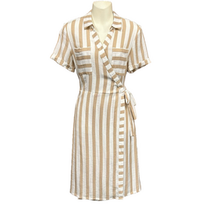 RW & Co cream striped wrap dress with collar and Vneck dress Small pockets